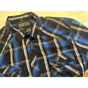 SURPLUS Fame Jean Men's XXL Fitted Shirt‎ Casual Black Blue White Plaid Western